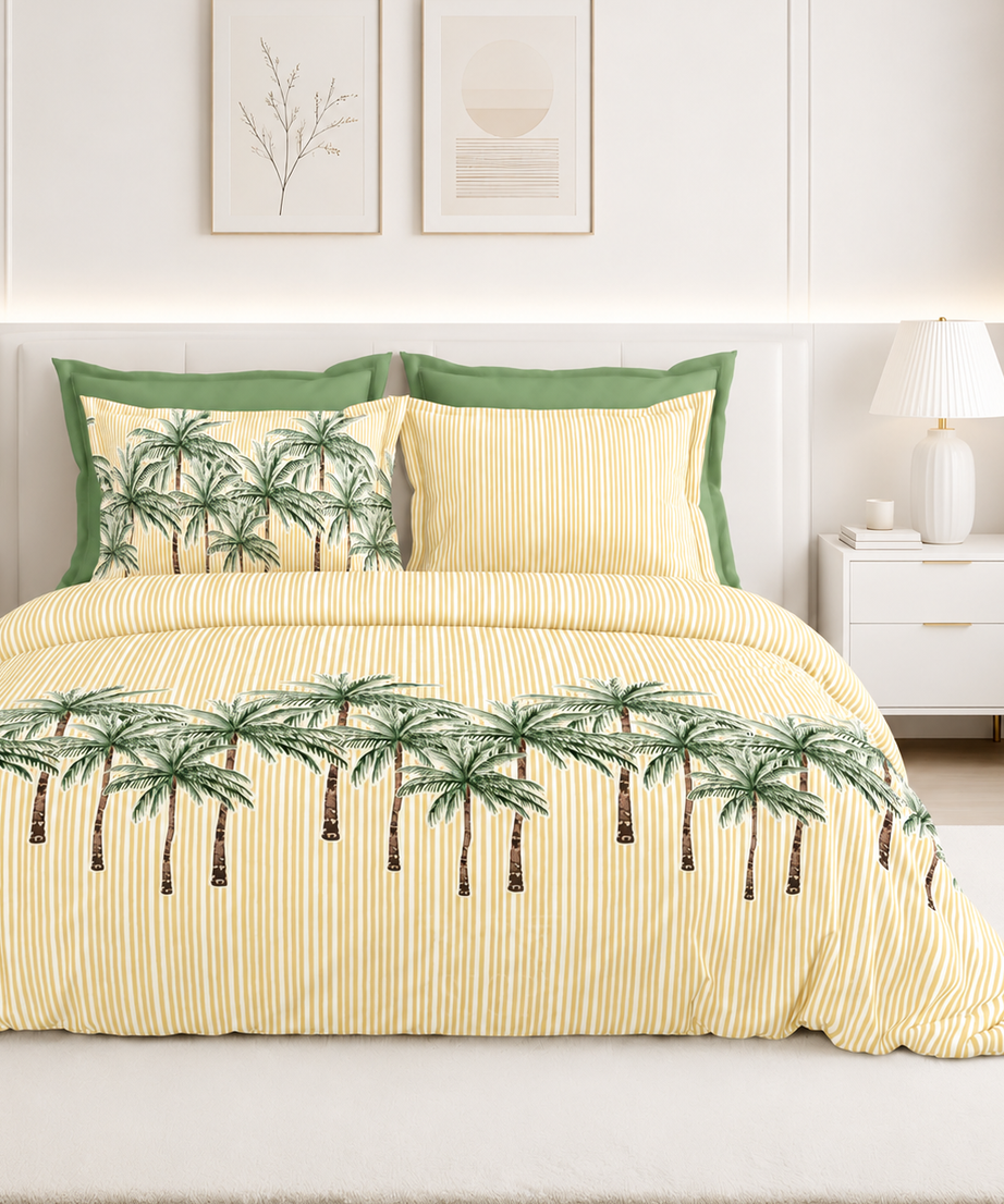 Yellow Palm Stripe Premium Cotton Bedsheet Set