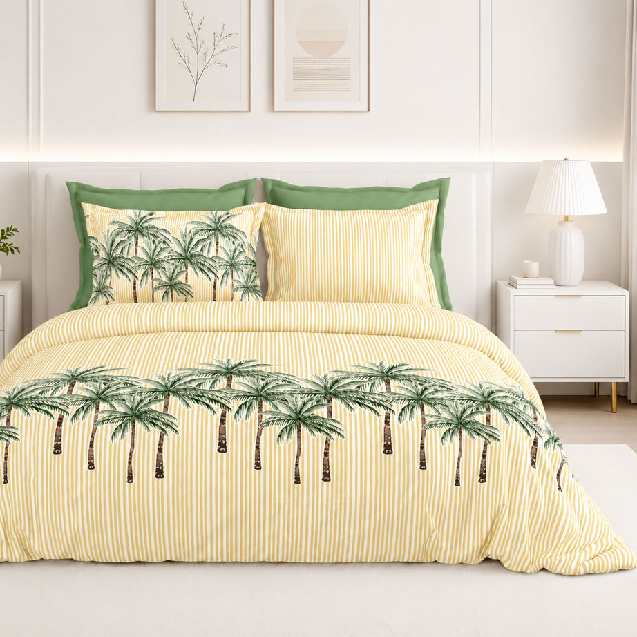Yellow Palm Stripe Premium Cotton Bedsheet Set