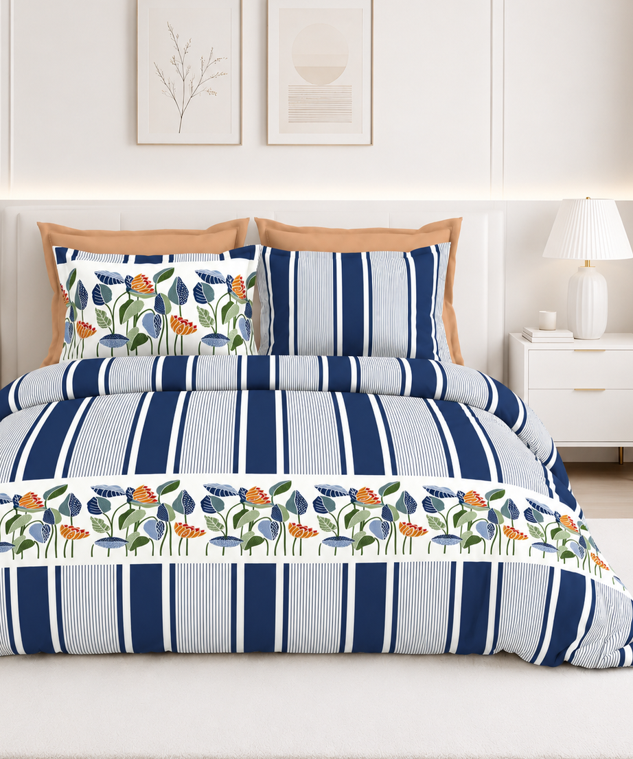 Navy Floral Stripe Premium Cotton Bedsheet Set