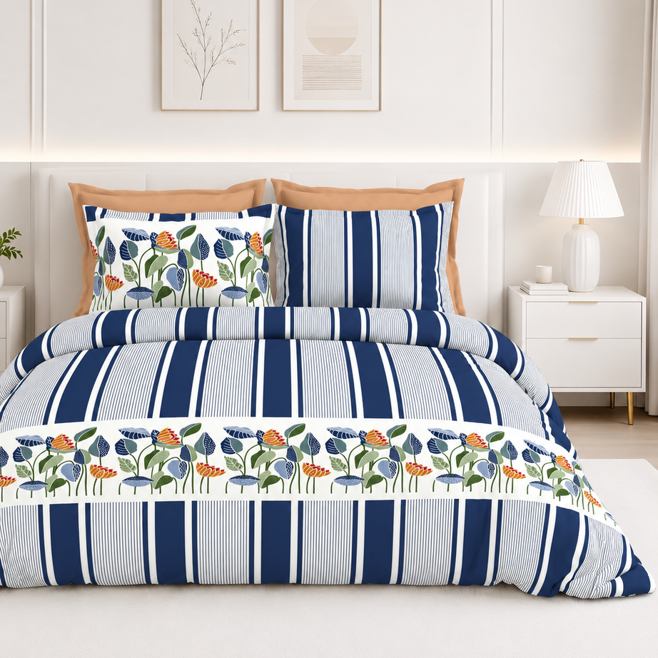 Navy Floral Stripe Premium Cotton Bedsheet Set