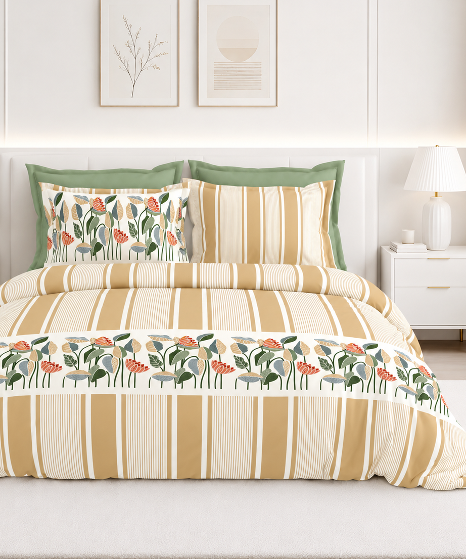 Beige Floral Stripe Premium Cotton Bedsheet Set