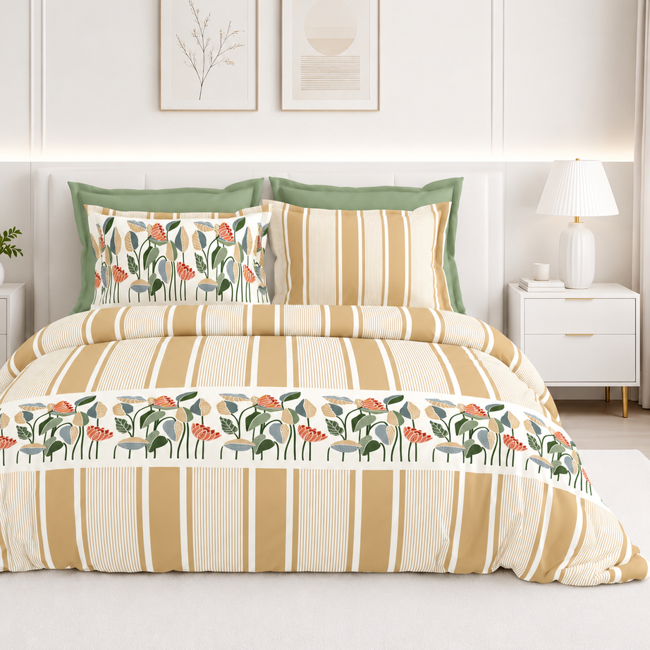 Beige Floral Stripe Premium Cotton Bedsheet Set