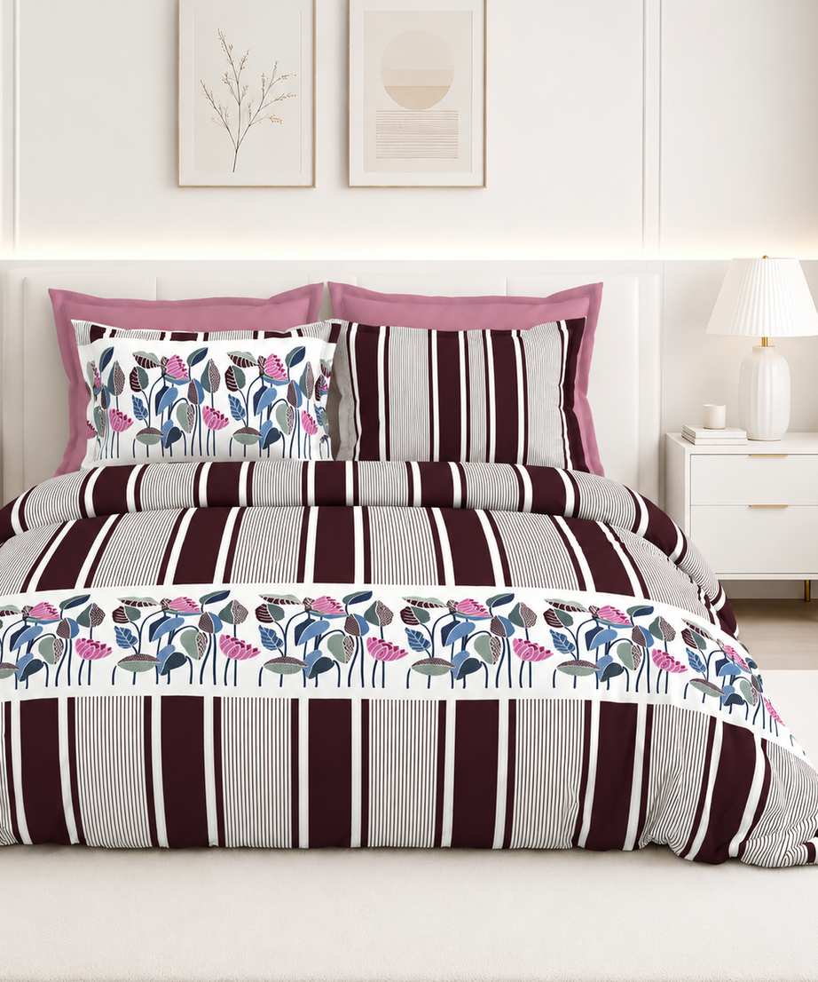 Wine Floral Stripe Premium Cotton Bedsheet Set