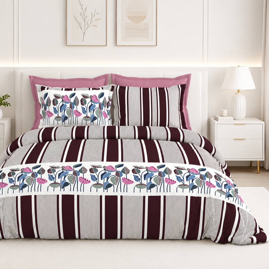 Wine Floral Stripe Premium Cotton Bedsheet Set