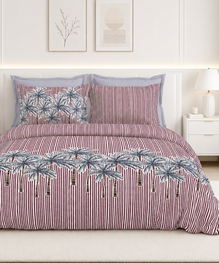 Wine Palm Stripe Premium Cotton Bedsheet Set