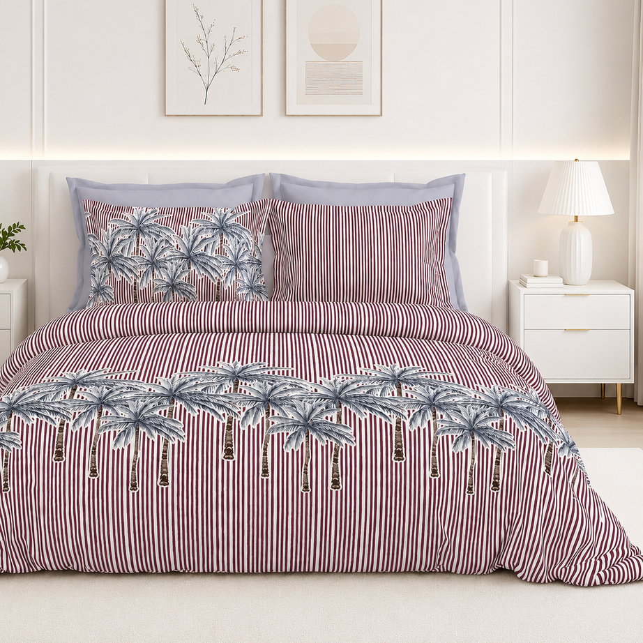 Wine Palm Stripe Premium Cotton Bedsheet Set