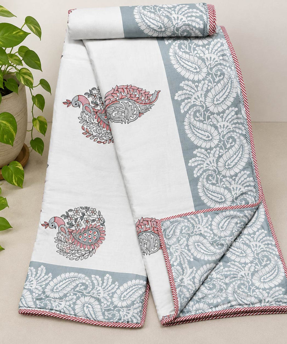 Grey Paisley Bird Print Pure Cotton Malmal Double Dohar