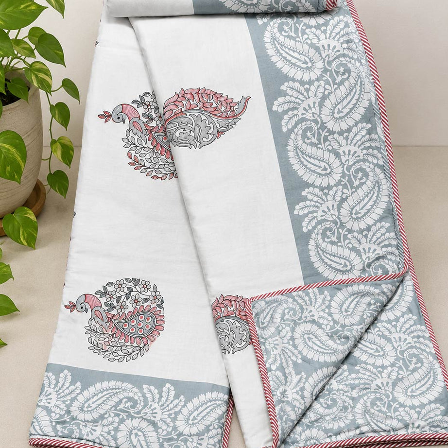 Grey Paisley Bird Print Pure Cotton Malmal Double Dohar