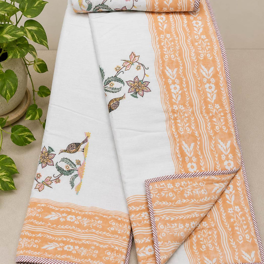 Peach Floral Bird Print Pure Cotton Malmal Double Dohar