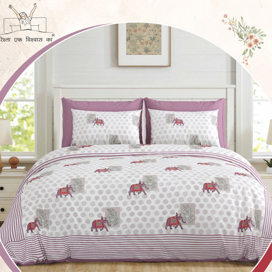 Rajwada Elephant Print King Size Bedsheet – Pink Edition