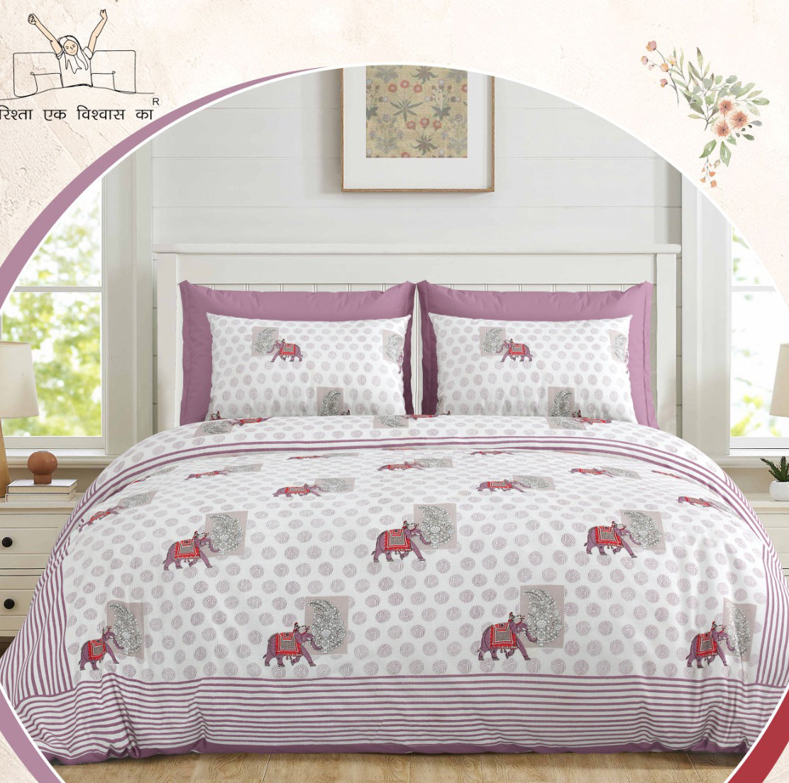Rajwada Elephant Print King Size Bedsheet – Pink Edition