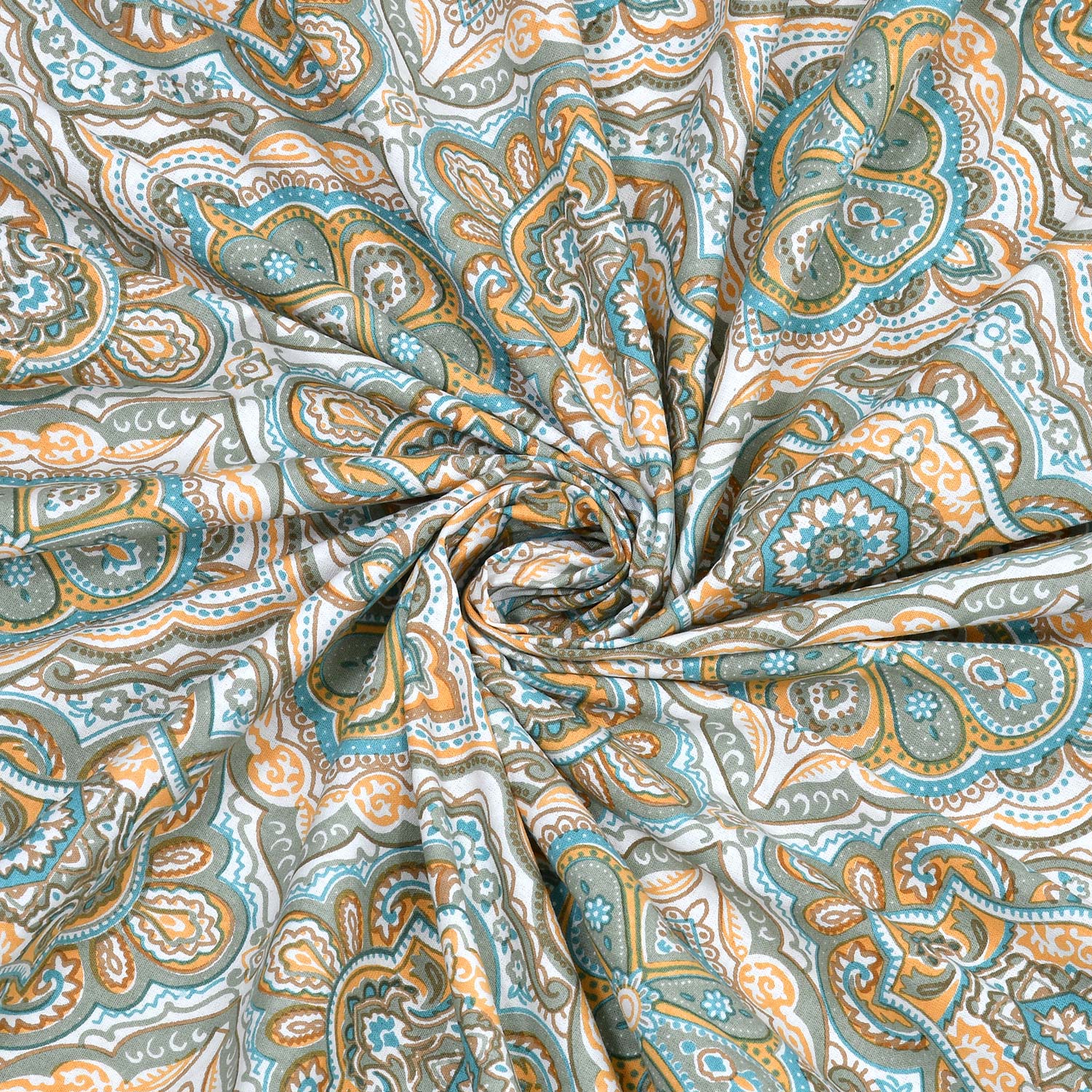King Size Ethnic Floral Print Bedsheet – Green & Blue