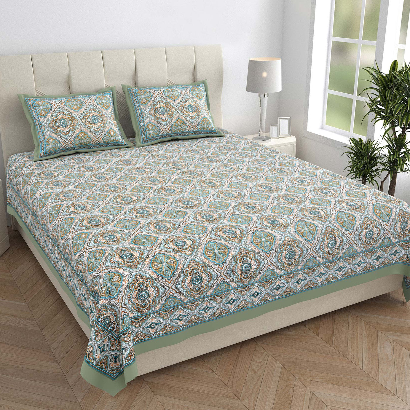 King Size Ethnic Floral Print Bedsheet – Green & Blue