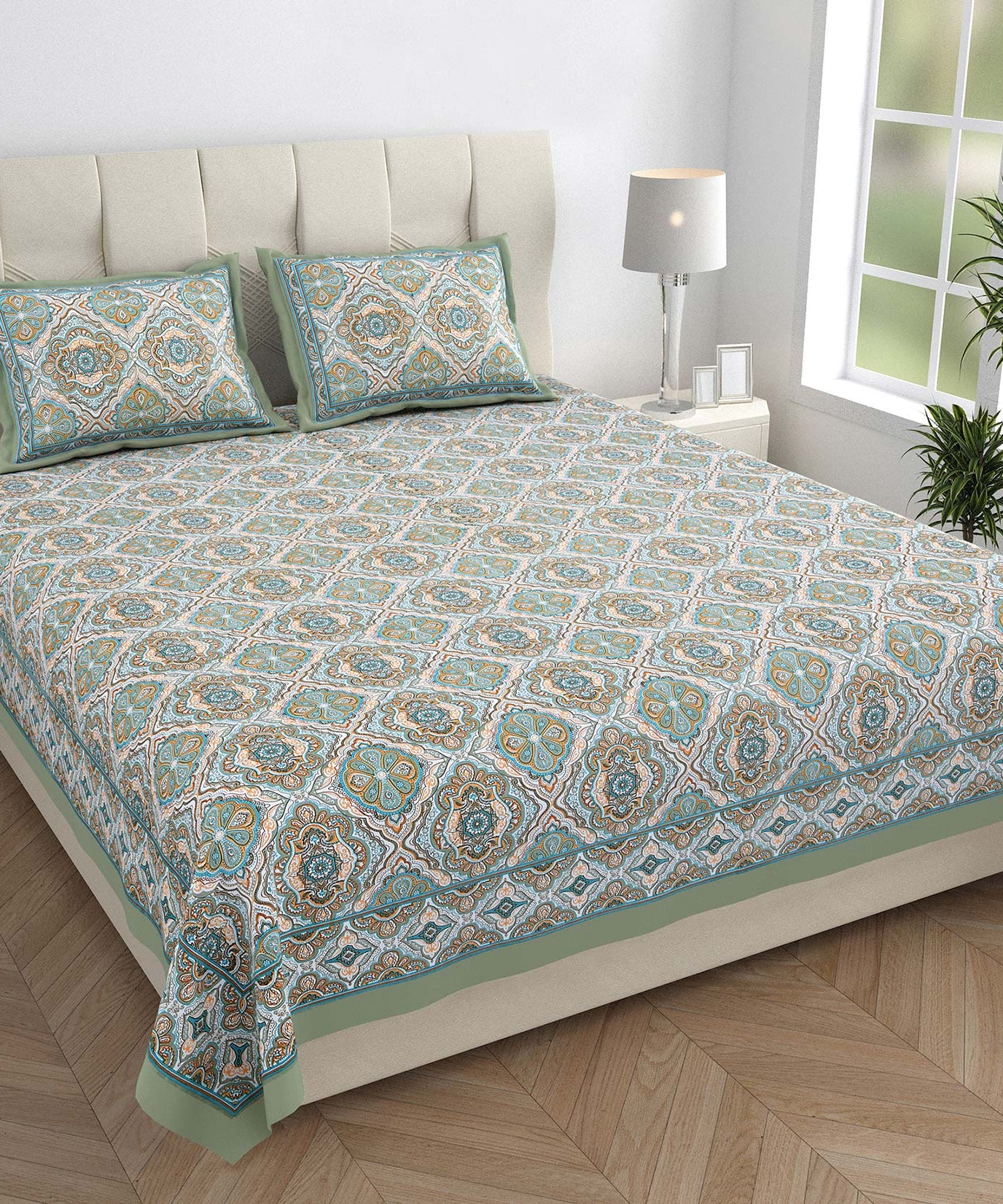 King Size Ethnic Floral Print Bedsheet – Green & Blue