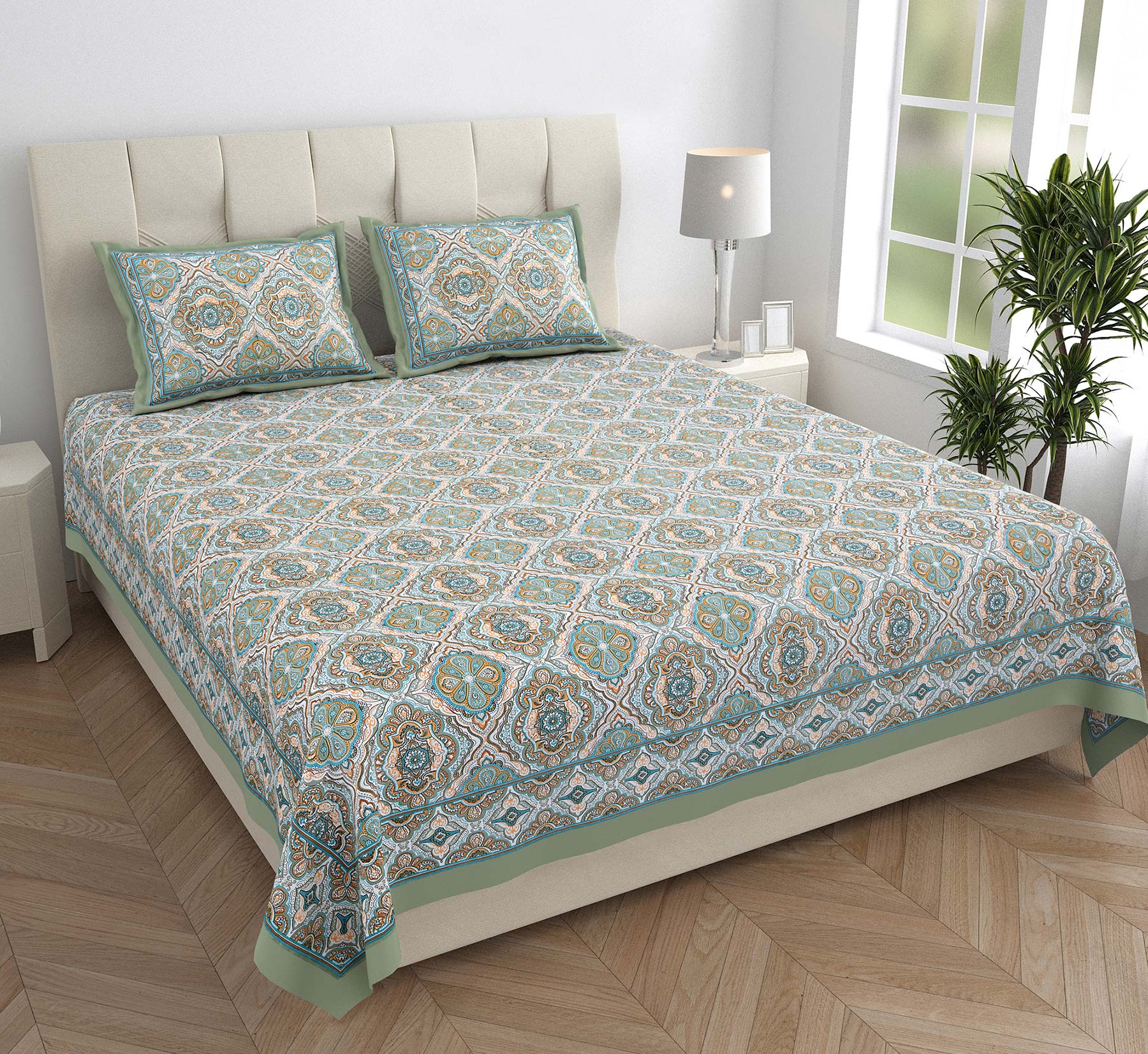 King Size Ethnic Floral Print Bedsheet – Green & Blue