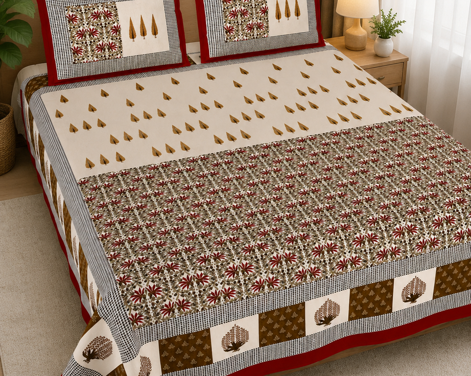 Pure Cotton Maroon & Beige Floral Printed Double Bedsheet – Traditional Leaf & Buti Design