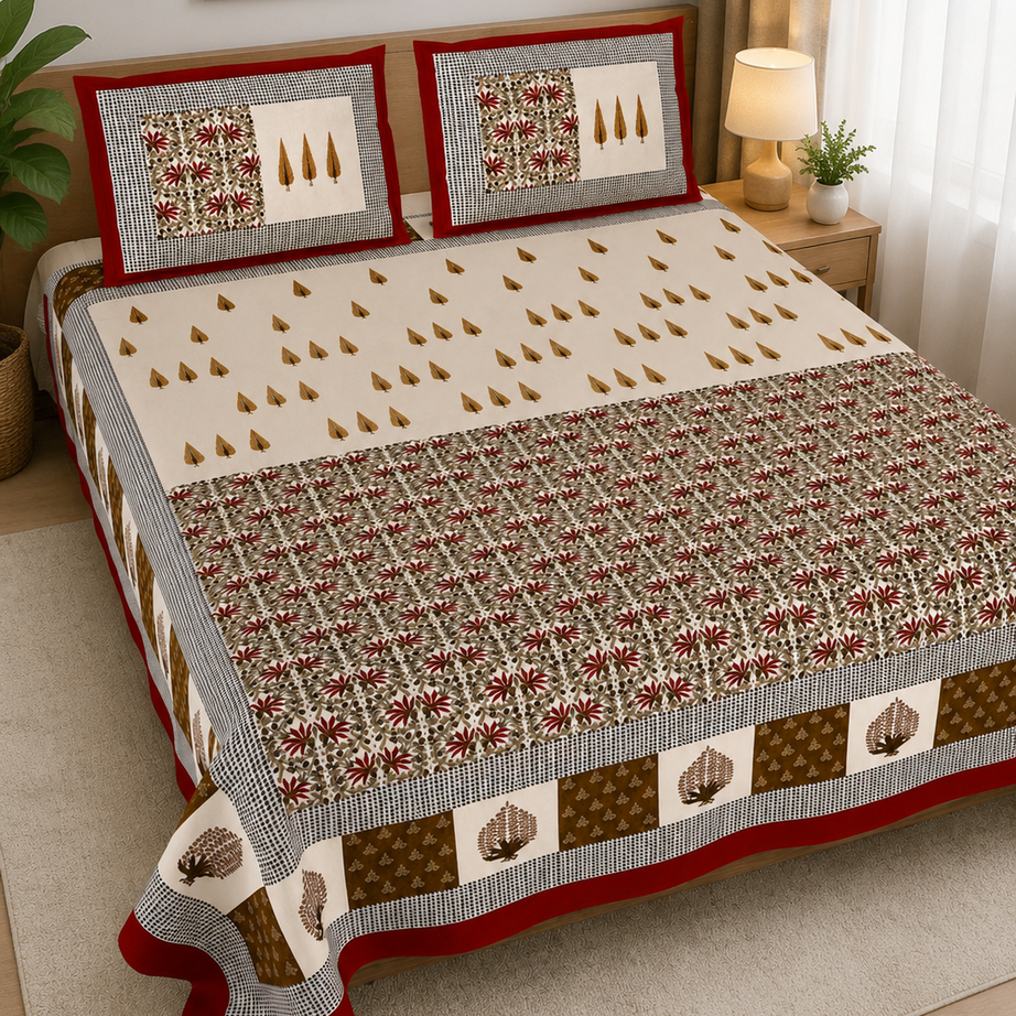 Pure Cotton Maroon & Beige Floral Printed Double Bedsheet – Traditional Leaf & Buti Design