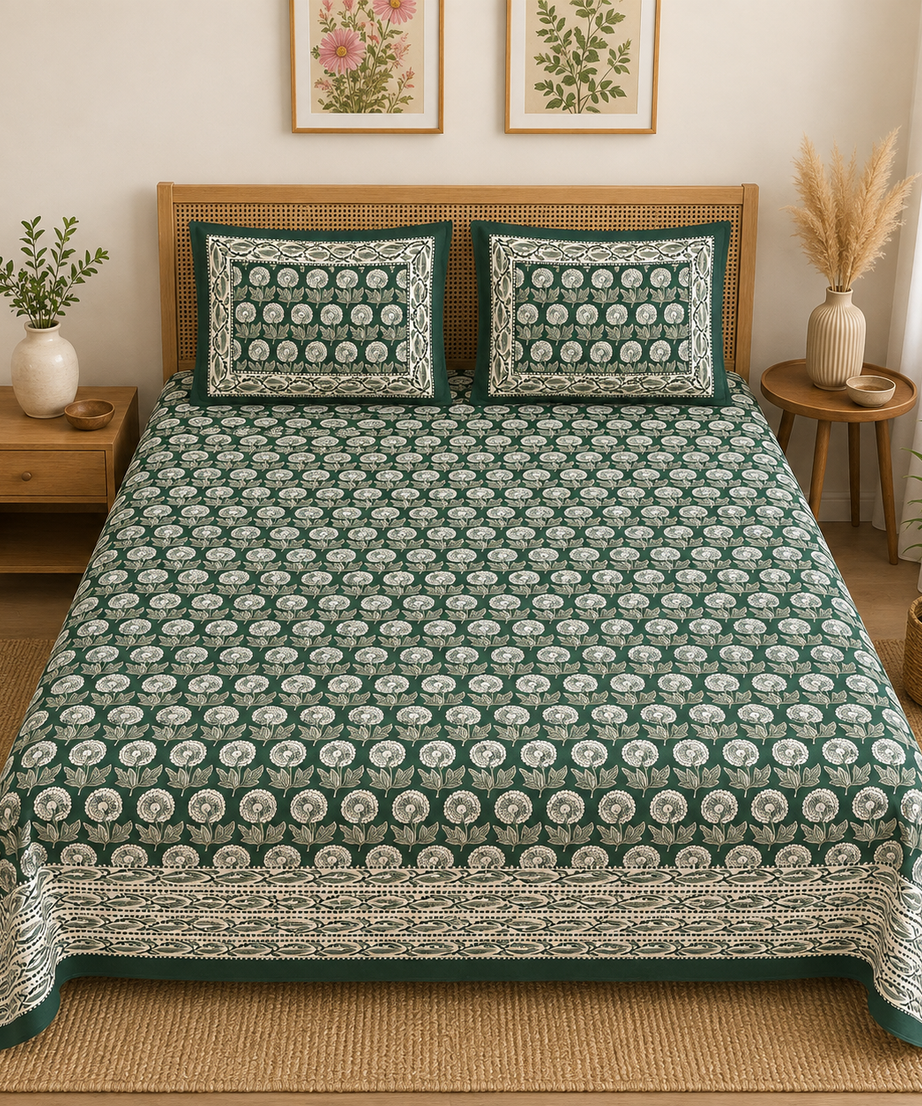 Pure Cotton Green Floral Printed Double Bedsheet – Elegant Botanical Block Print