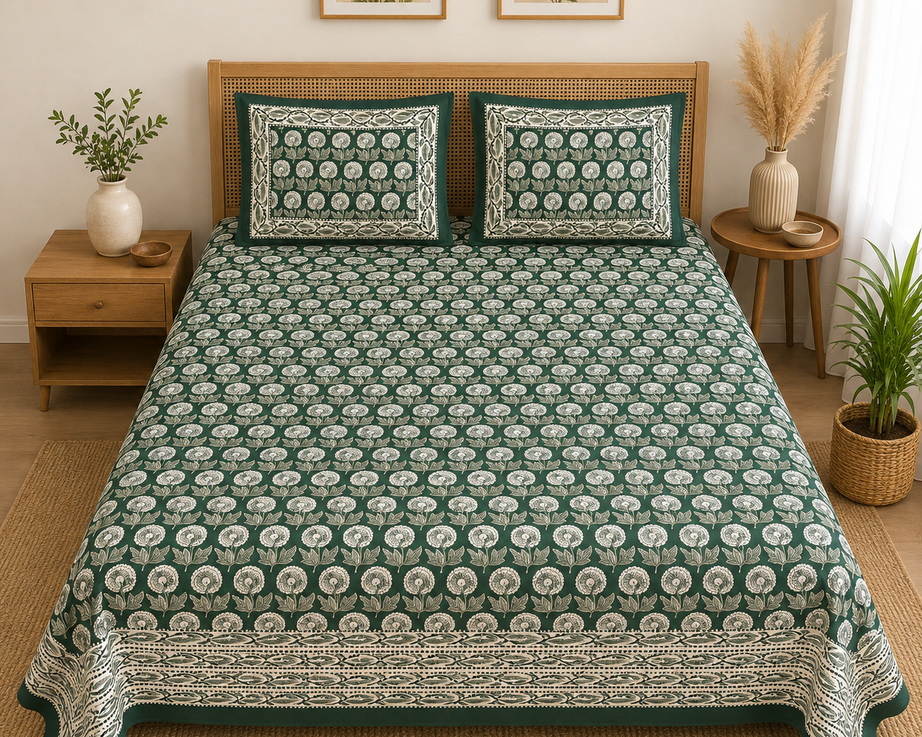 Pure Cotton Green Floral Printed Double Bedsheet – Elegant Botanical Block Print