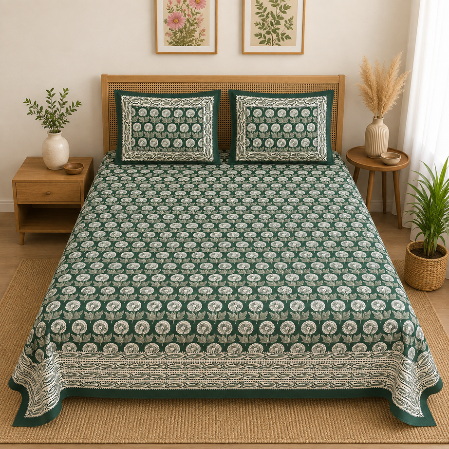 Pure Cotton Green Floral Printed Double Bedsheet – Elegant Botanical Block Print