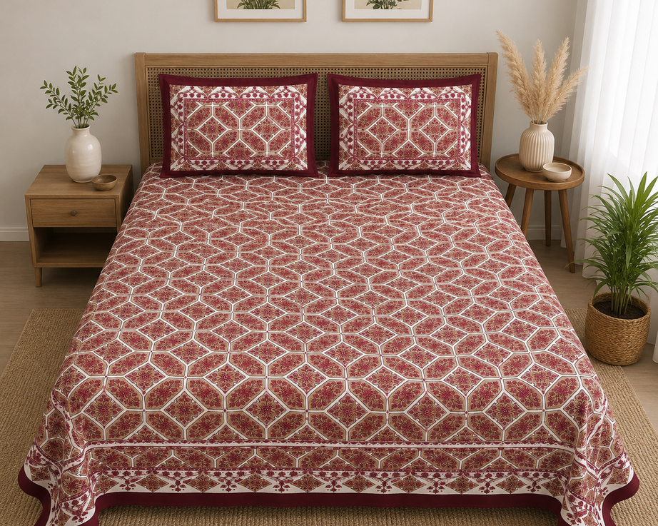 Pure Cotton Maroon Printed Double Bedsheet – Geometric Floral Jaipuri Design