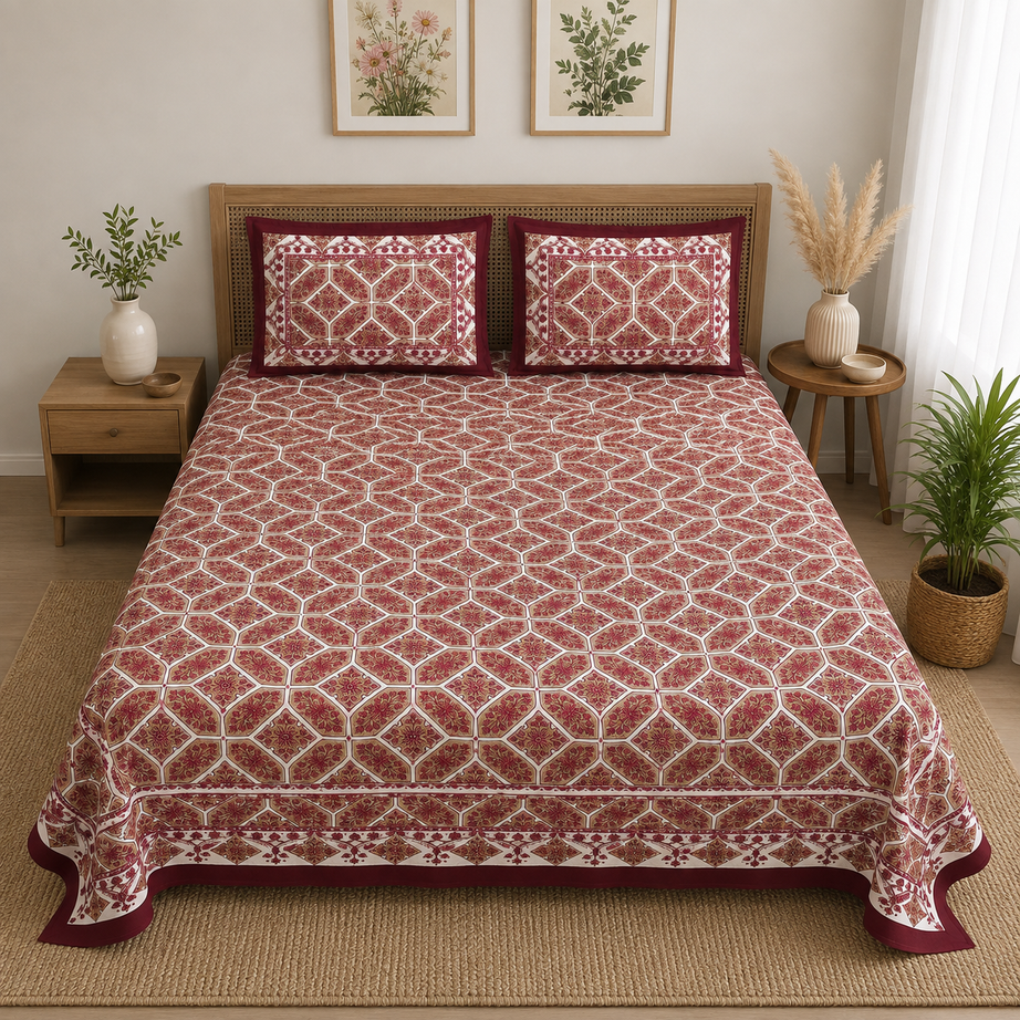 Pure Cotton Maroon Printed Double Bedsheet – Geometric Floral Jaipuri Design