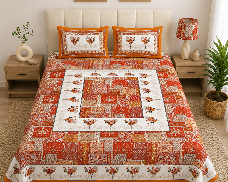 Pure Cotton Orange & Rust Printed Double Bedsheet – Floral Patchwork & Border Design