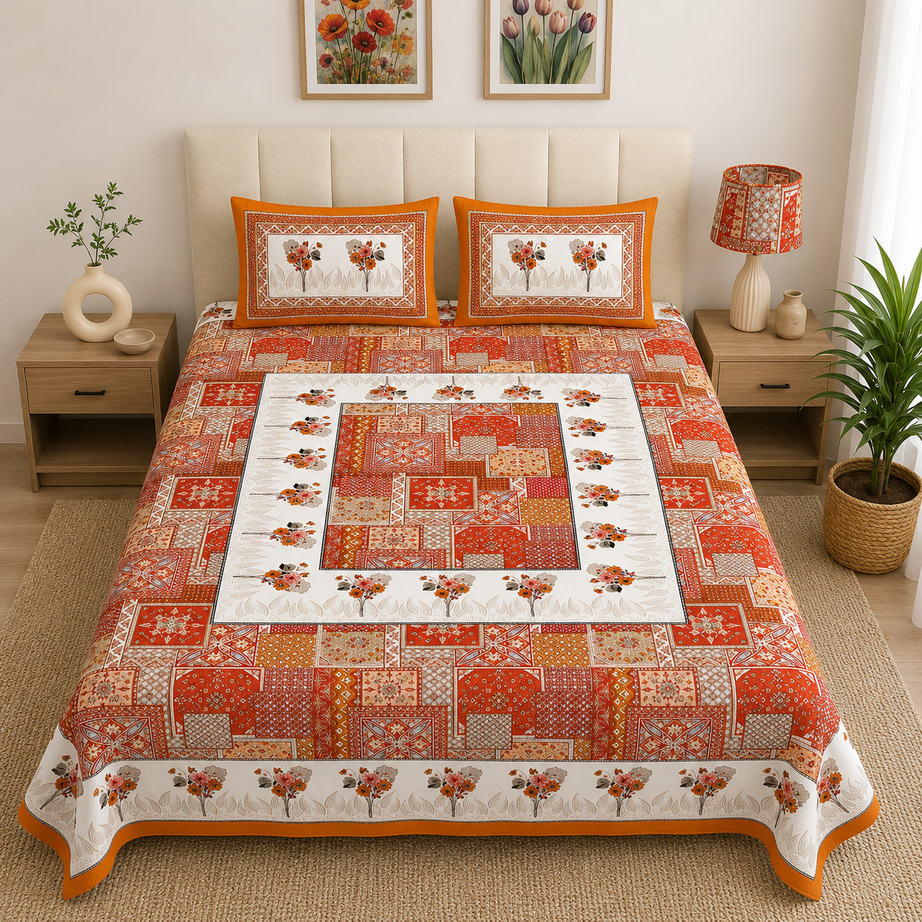 Pure Cotton Orange & Rust Printed Double Bedsheet – Floral Patchwork & Border Design