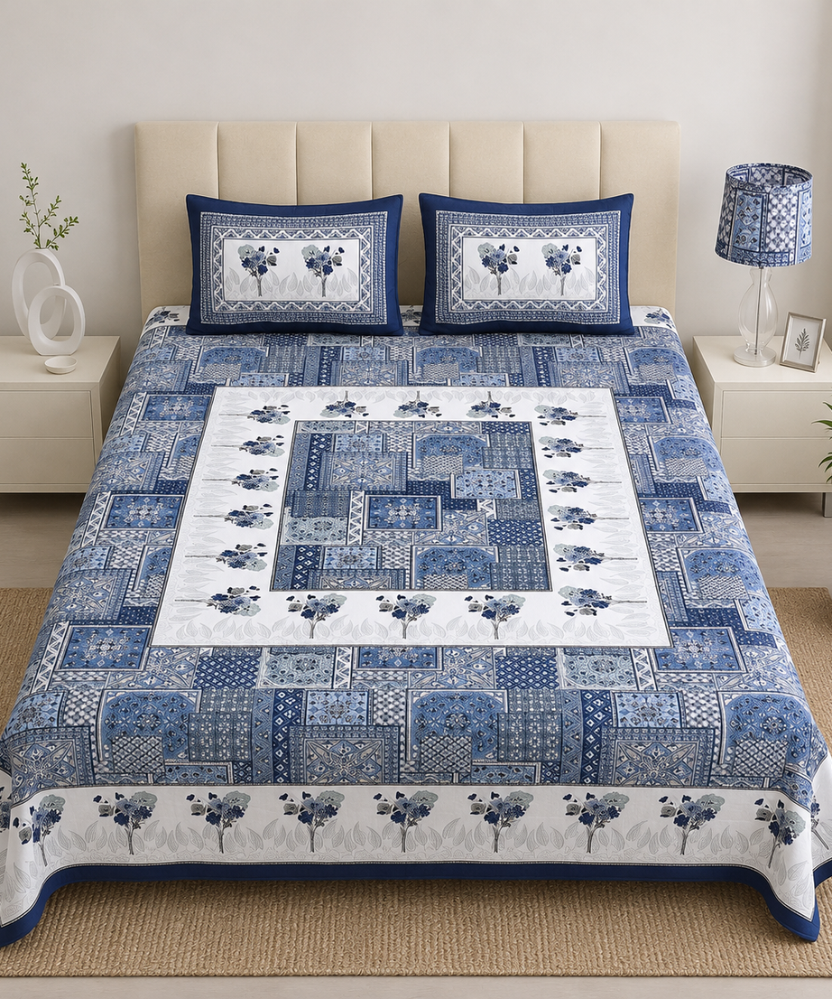 Pure Cotton Blue Printed Double Bedsheet – Floral Patchwork & Geometric Motif Design