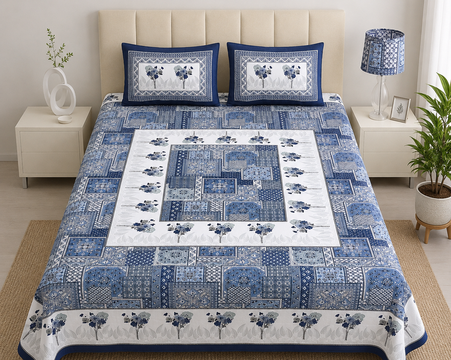 Pure Cotton Blue Printed Double Bedsheet – Floral Patchwork & Geometric Motif Design