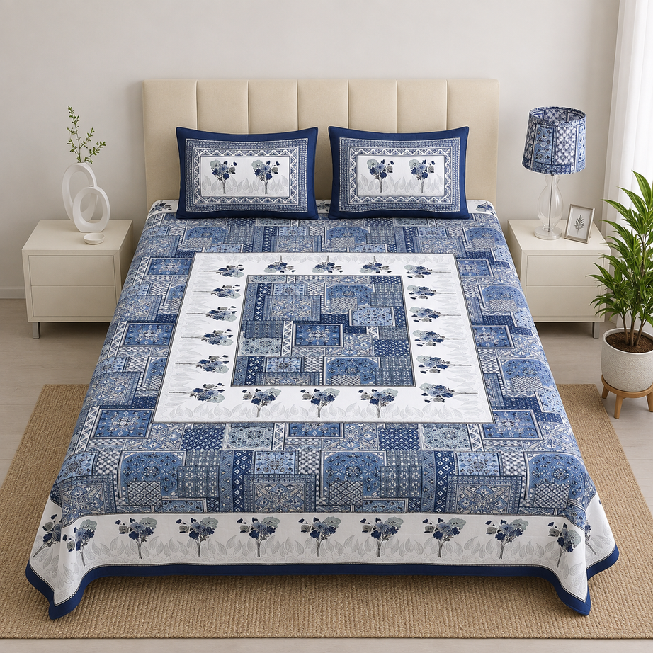 Pure Cotton Blue Printed Double Bedsheet – Floral Patchwork & Geometric Motif Design