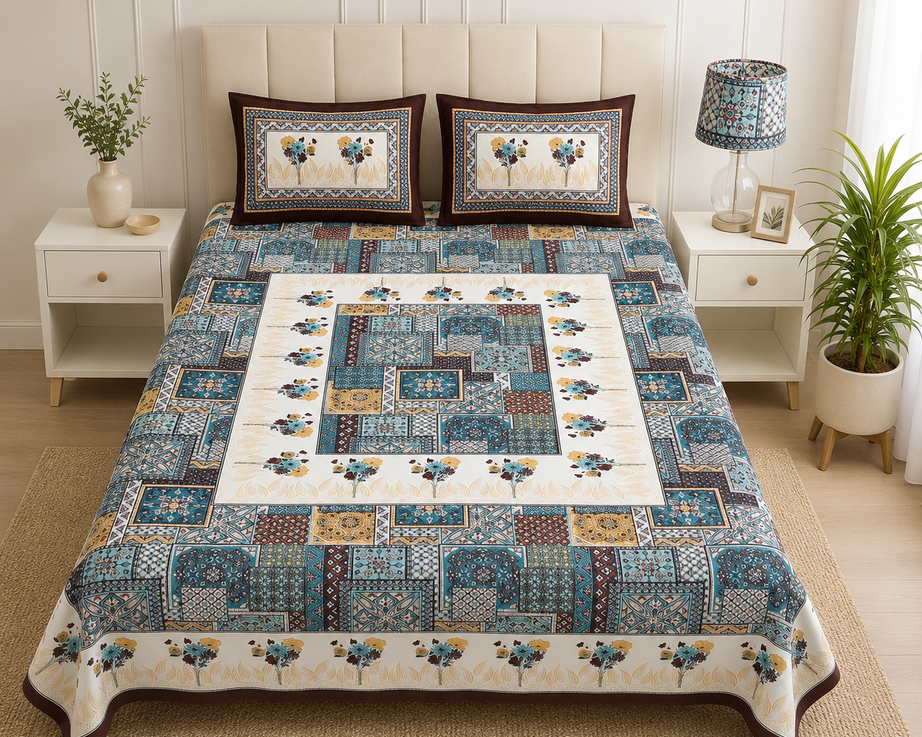 Pure Cotton Teal Blue Printed Double Bedsheet – Ethnic Patchwork Floral Design