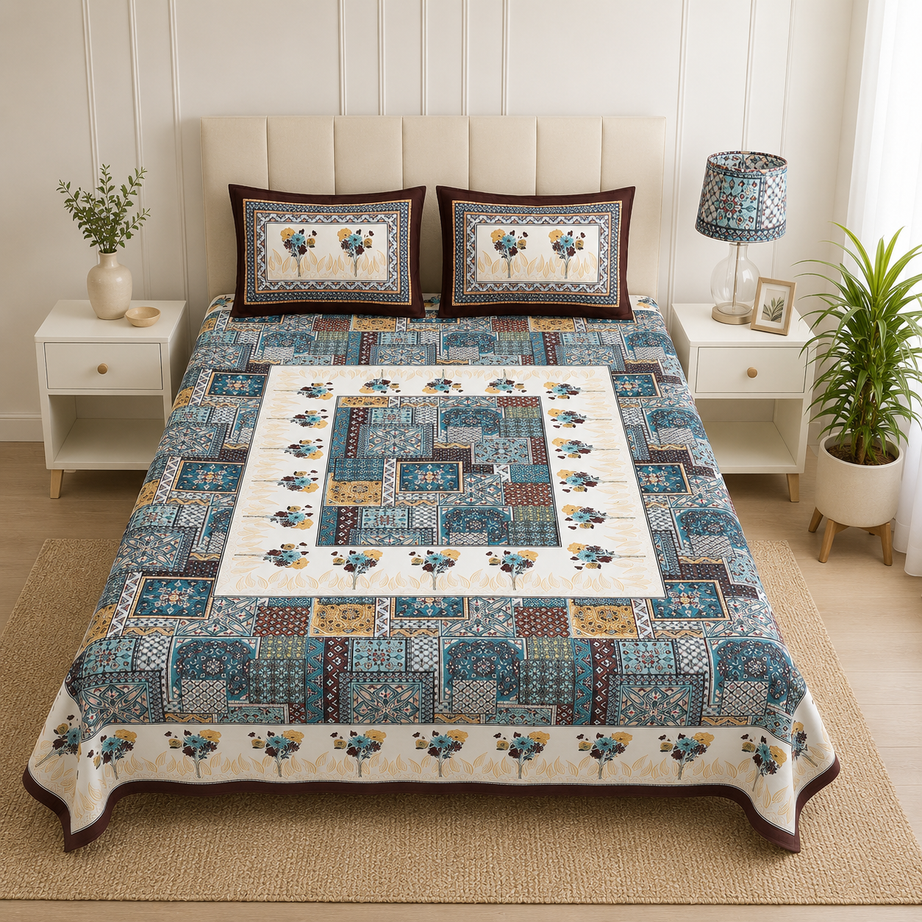 Pure Cotton Teal Blue Printed Double Bedsheet – Ethnic Patchwork Floral Design