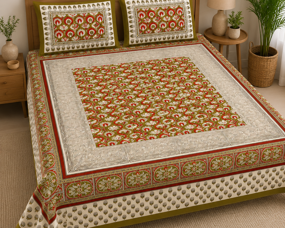 Pure Cotton Olive Green & Rust Printed Double Bedsheet – Paisley Floral Traditional Design