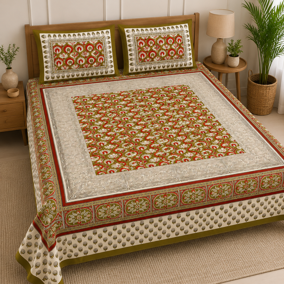 Pure Cotton Olive Green & Rust Printed Double Bedsheet – Paisley Floral Traditional Design