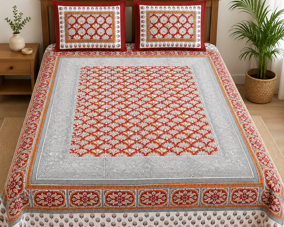 Pure Cotton Rust Red Printed Double Bedsheet – Floral Buti & Ethnic Border Design
