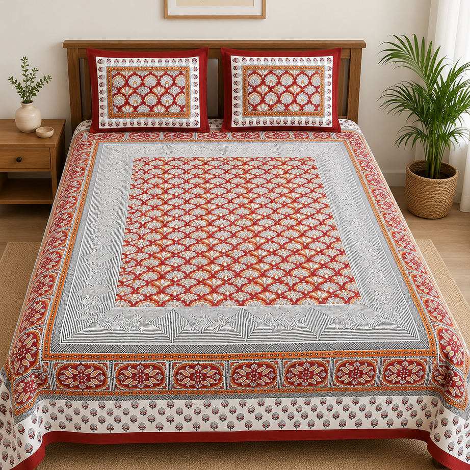 Pure Cotton Rust Red Printed Double Bedsheet – Floral Buti & Ethnic Border Design