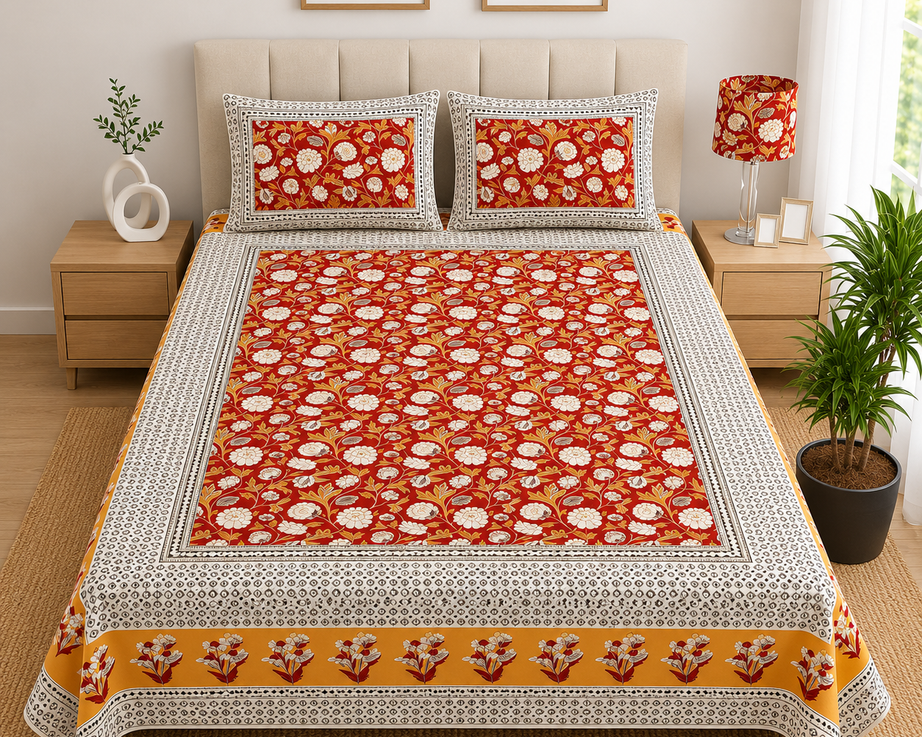 Pure Cotton Red Floral Printed Double Bedsheet – Mughal-Inspired Botanical Design