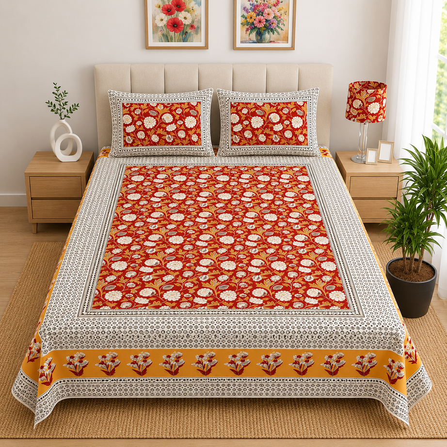 Pure Cotton Red Floral Printed Double Bedsheet – Mughal-Inspired Botanical Design