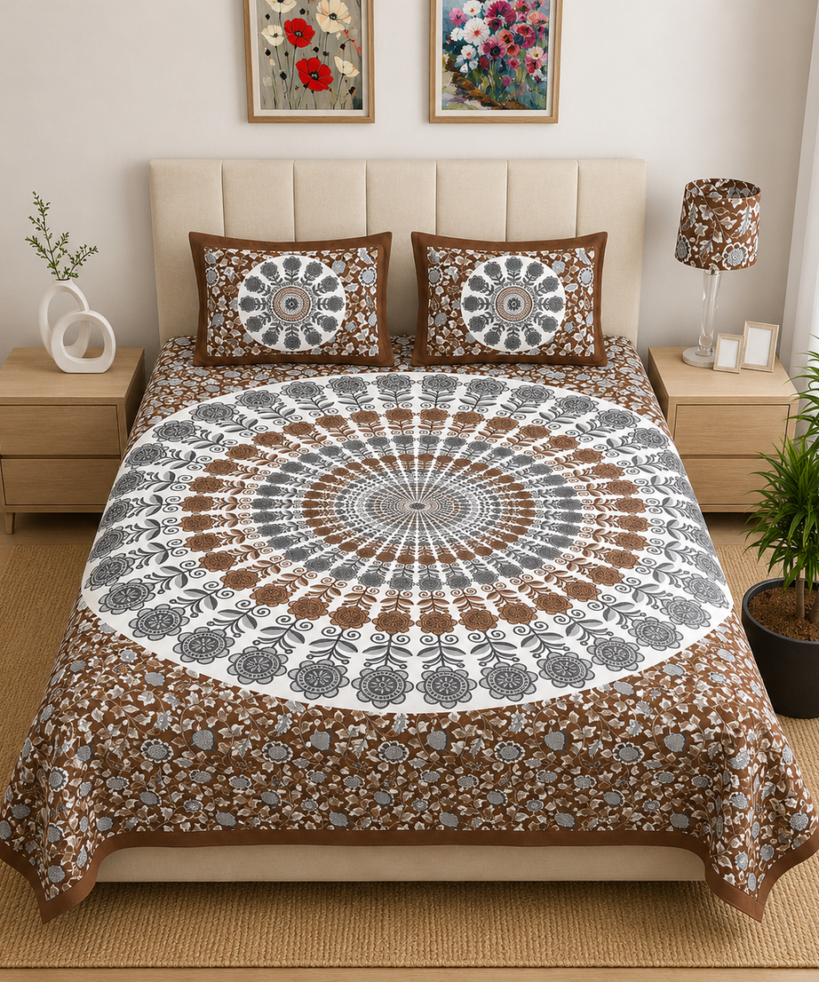 Pure Cotton Brown Printed Double Bedsheet – Mandala Floral Medallion Design