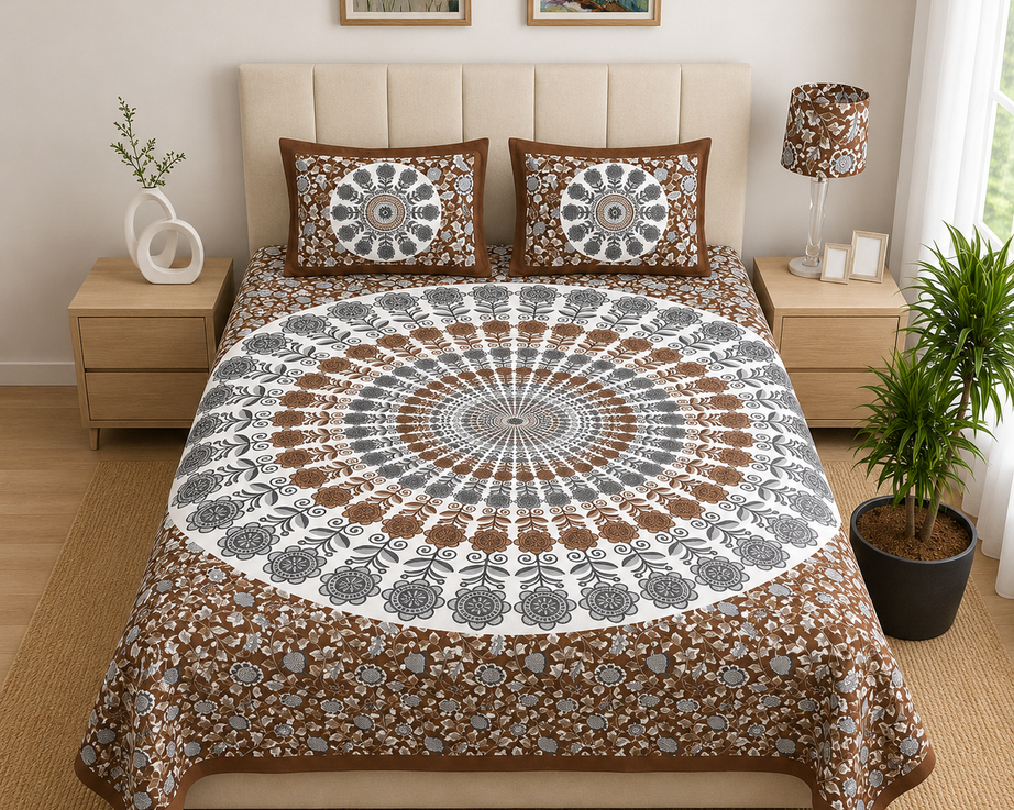 Pure Cotton Brown Printed Double Bedsheet – Mandala Floral Medallion Design