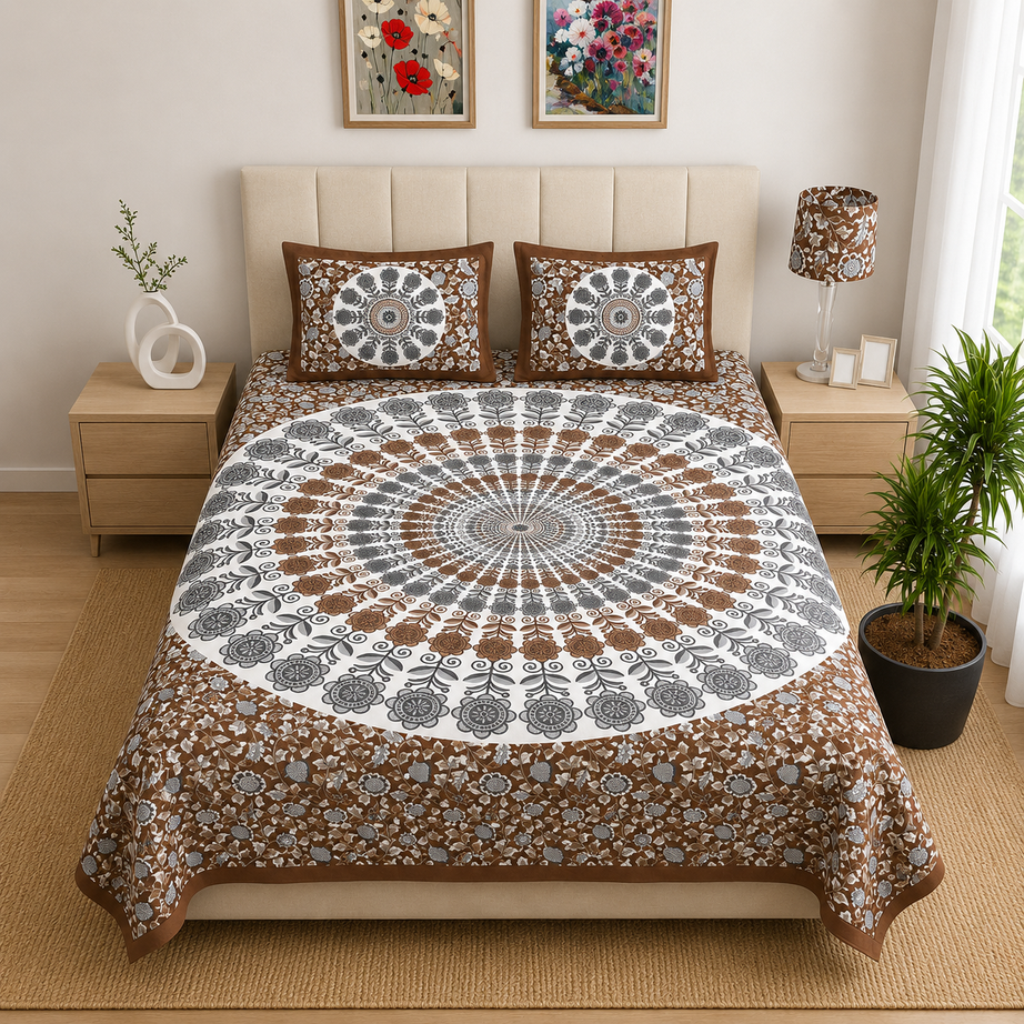 Pure Cotton Brown Printed Double Bedsheet – Mandala Floral Medallion Design