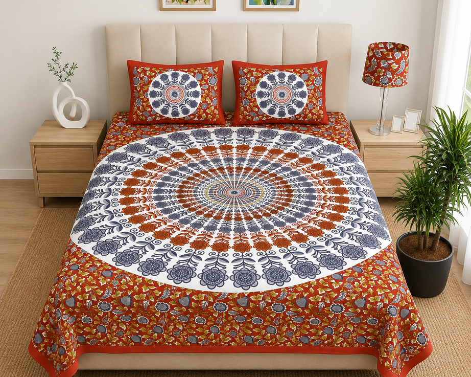 Pure Cotton Rust Orange Printed Double Bedsheet – Floral Mandala Medallion Design