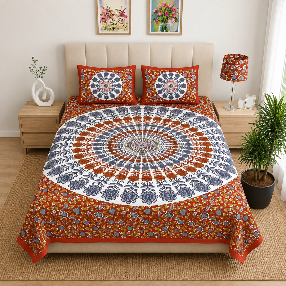 Pure Cotton Rust Orange Printed Double Bedsheet – Floral Mandala Medallion Design