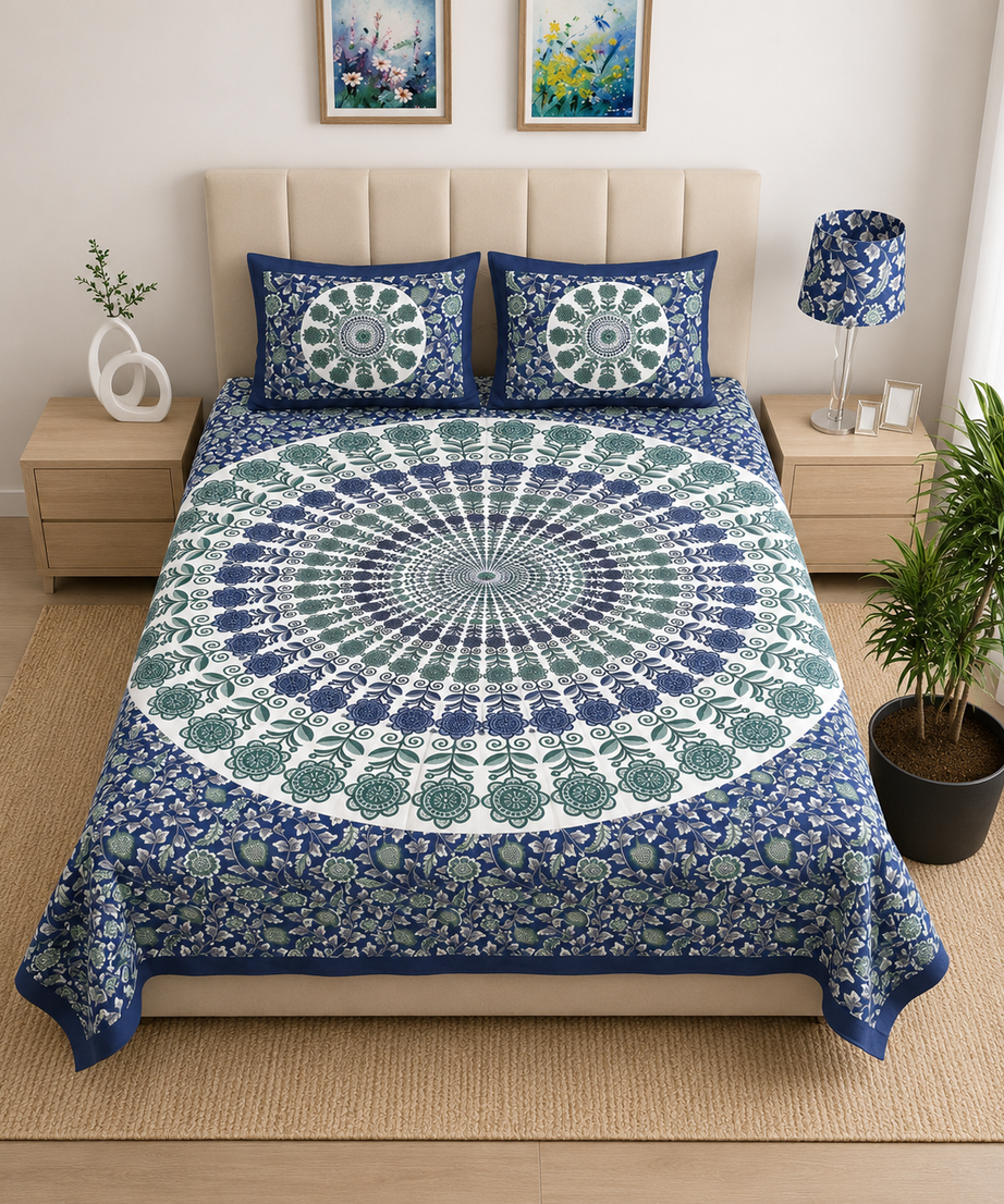 Pure Cotton Navy Blue Printed Double Bedsheet – Floral Mandala & Botanical Design