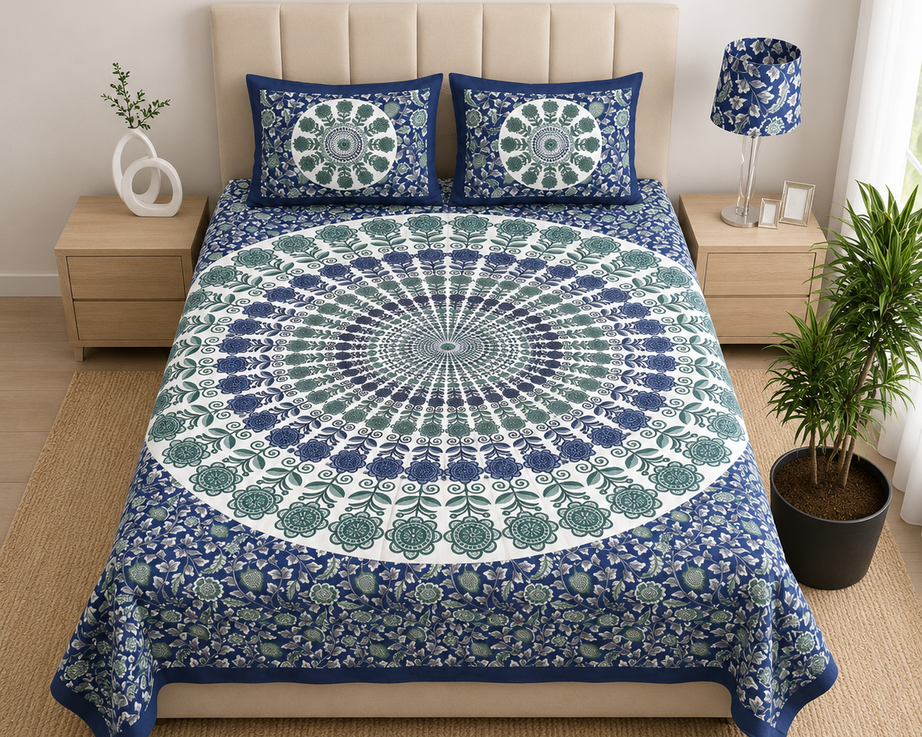 Pure Cotton Navy Blue Printed Double Bedsheet – Floral Mandala & Botanical Design