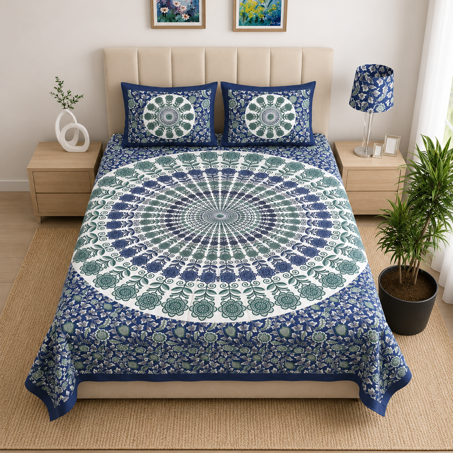 Pure Cotton Navy Blue Printed Double Bedsheet – Floral Mandala & Botanical Design