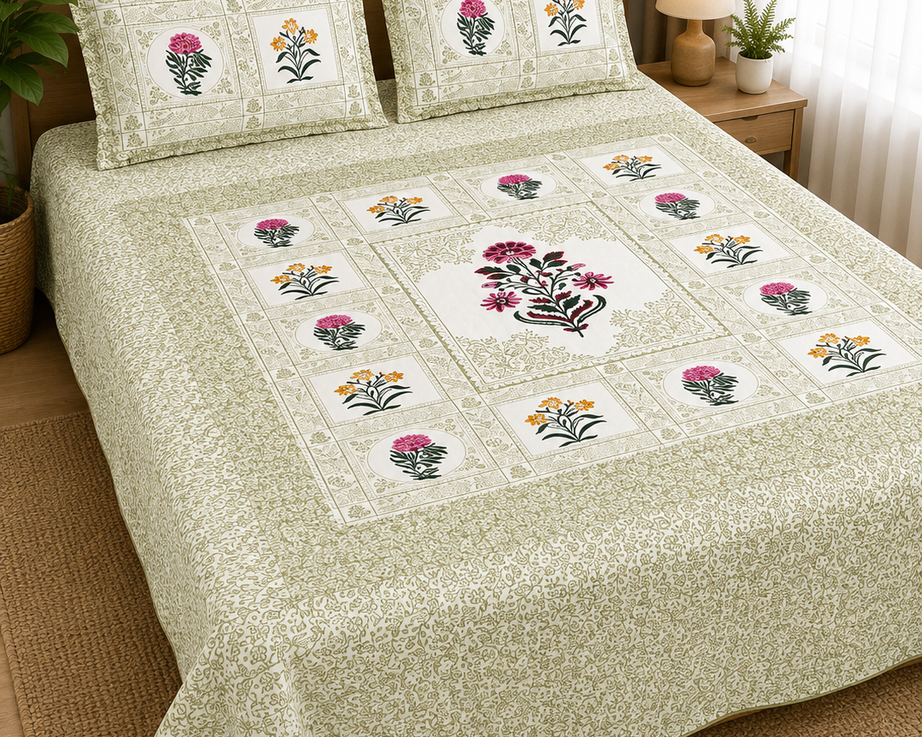 Pure Cotton Sage Green Floral Printed Double Bedsheet – Botanical Panel Design