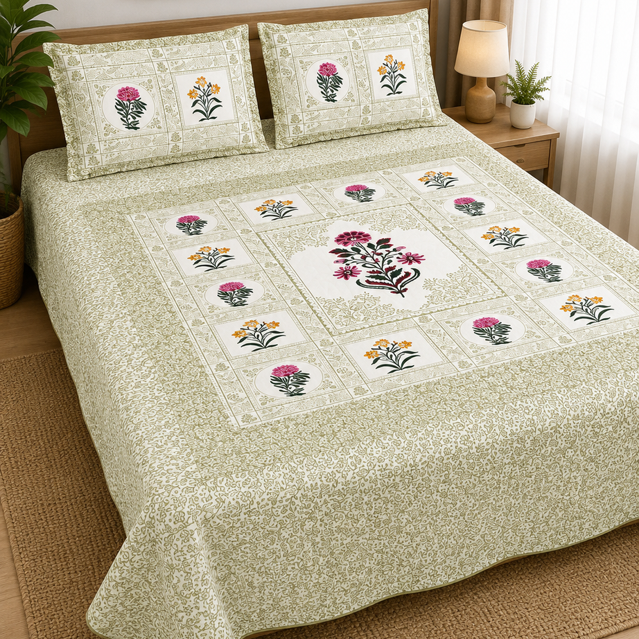 Pure Cotton Sage Green Floral Printed Double Bedsheet – Botanical Panel Design