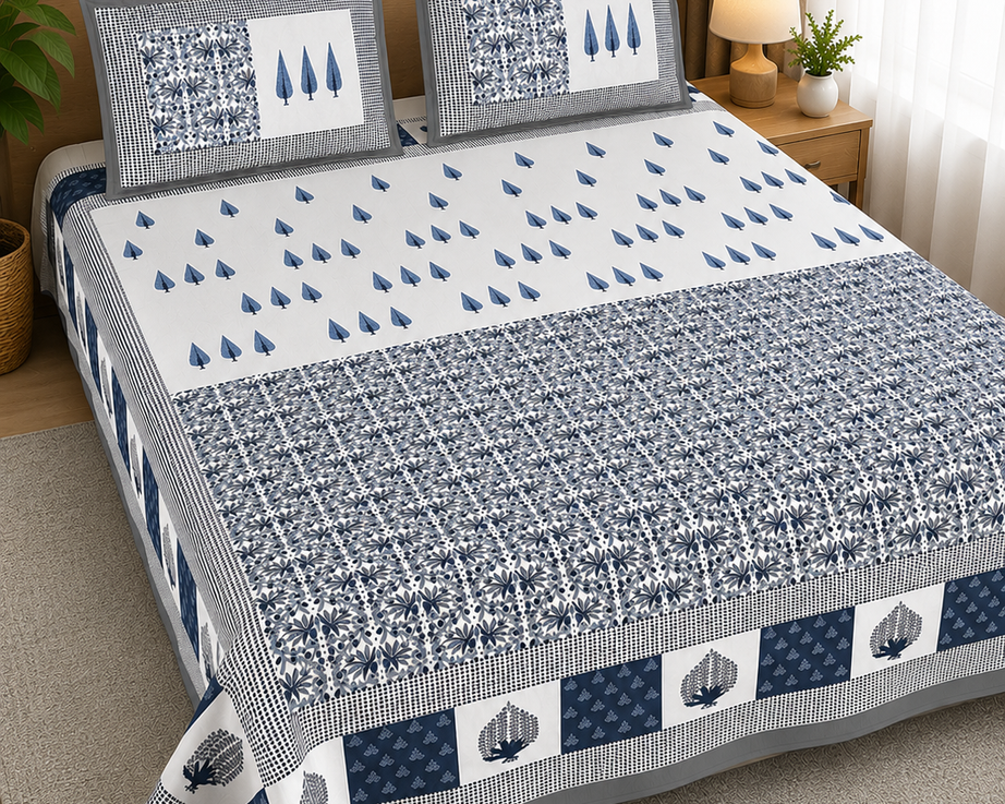 Pure Cotton White & Blue Printed Double Bedsheet – Floral Buti & Leaf Motif Design